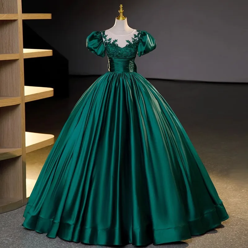 C Clothing Green Casual Quinceanera Dresses Lady Elegant Bubble Sleeve Ball Gown Evening Dress