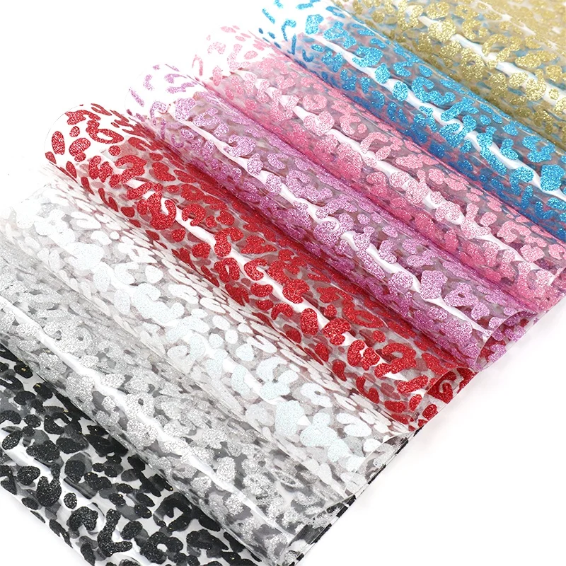 Glitter Jelly Vinyl Leopard Pudding Clear Plastic Film Fabric Faux PVC Leather Sheet for Waterproof Handbags Shoes Bows