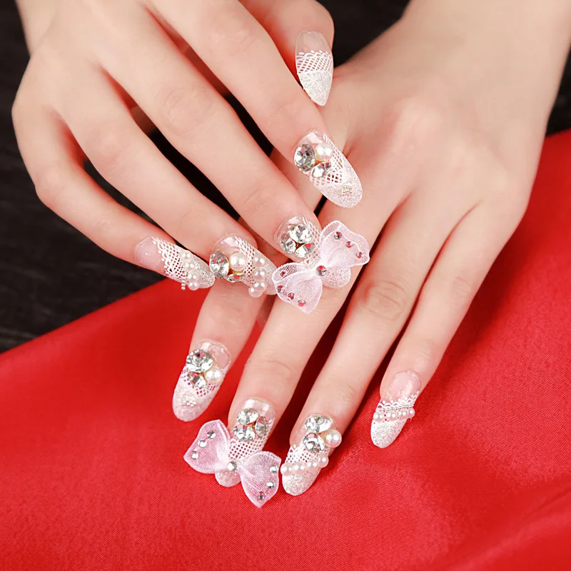 2022 Wholesale Beautiful Press On 24pcs 3D Wedding Nails Diamond Artificial Fingernails For Women