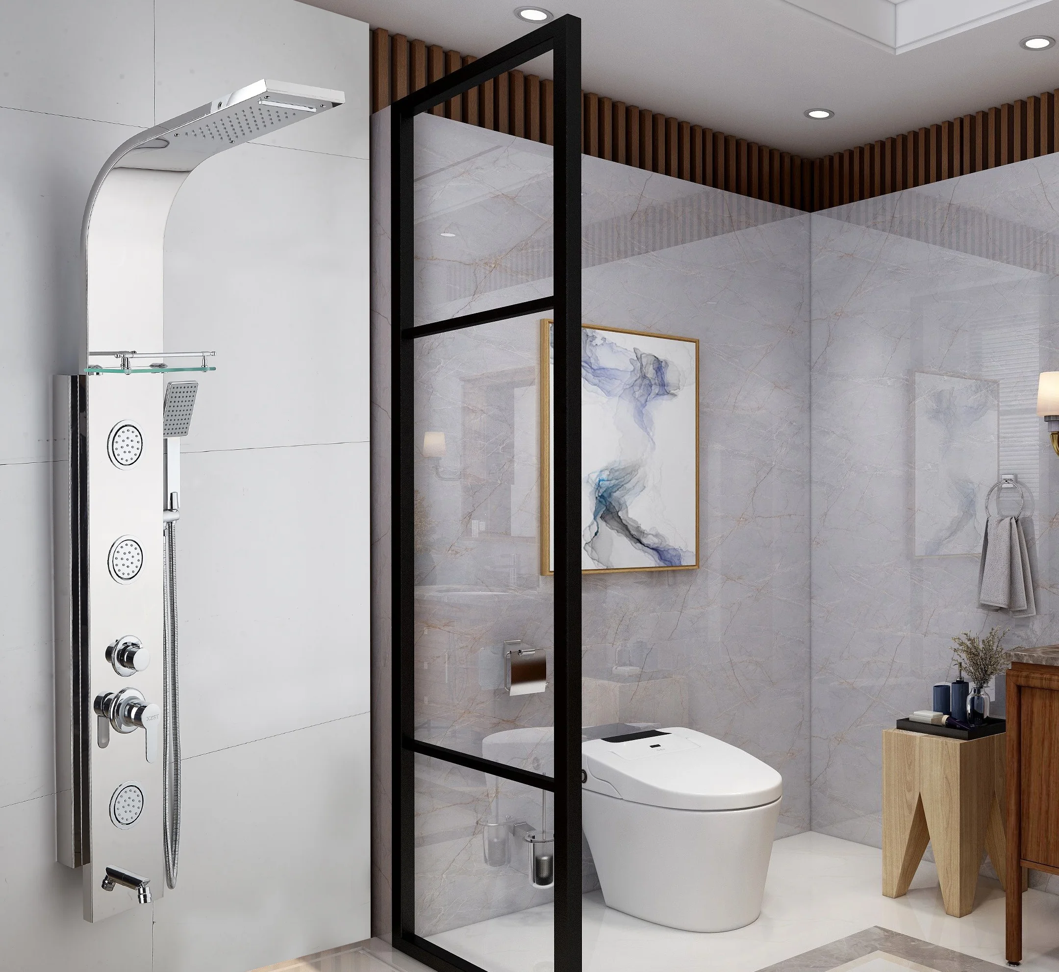 
Hot Sale 304 Stainless Steel Shower System Wall Mount Bathroom Waterfall Rainfall Shower Panel With Adjustable Shower Jets 