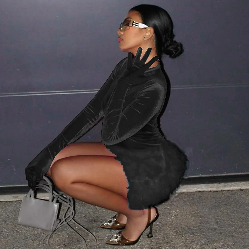 Sexy Club Party Velvet Dress Fall Outfits 2023 Long Sleeve Bodysuits Top Two Piece Mini Feather Skirt Set  elegant woman dress