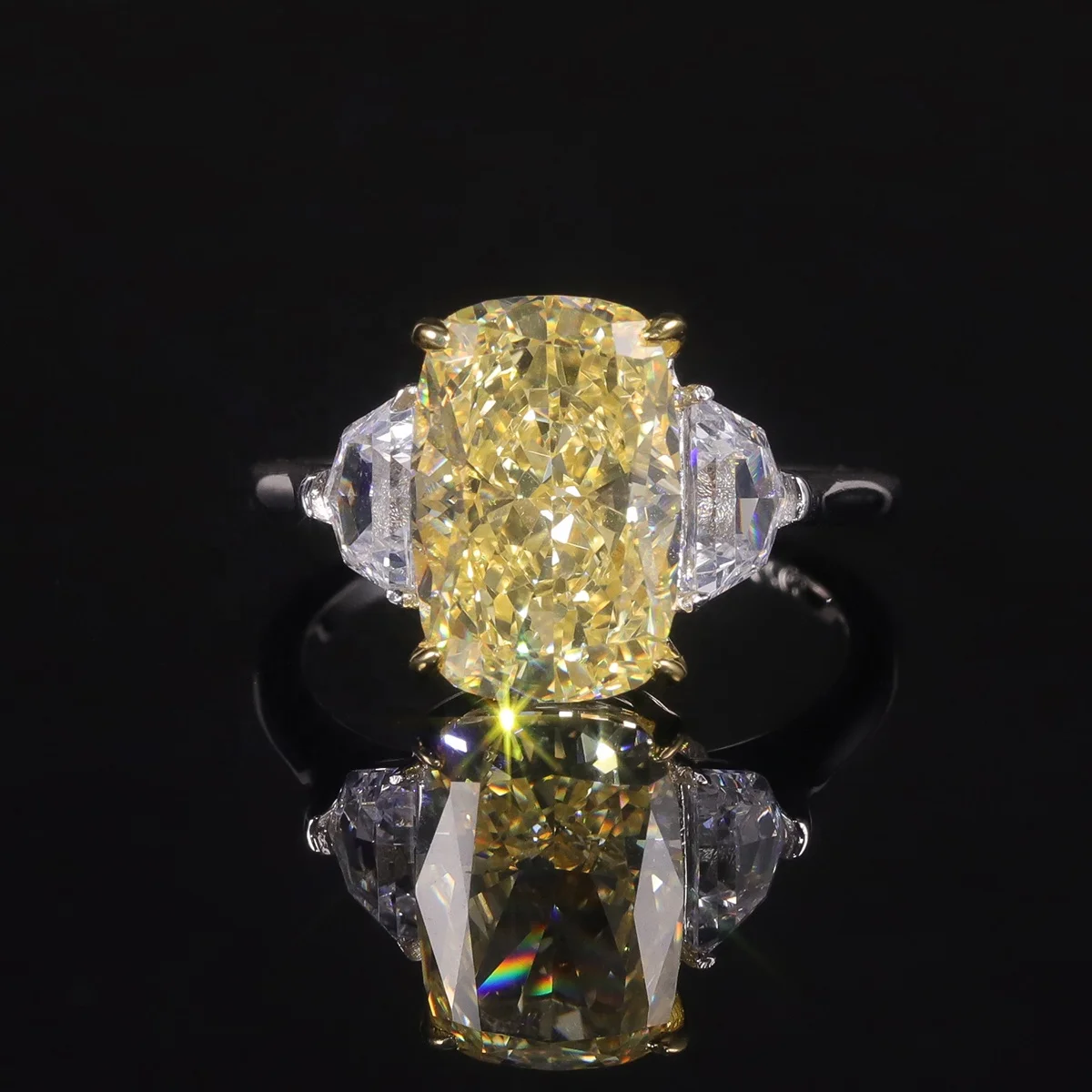 AR512 Abiding Fine Jewelry Crush Ice Cushion Cut 8x12MM Light Yellow Cz Three Stones 925 Silver Engagement Ring