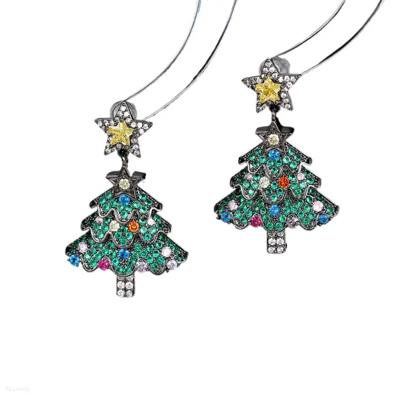 FM European and American style fashion temperament new earrings color zircon inset high-grade Christmas gift tree