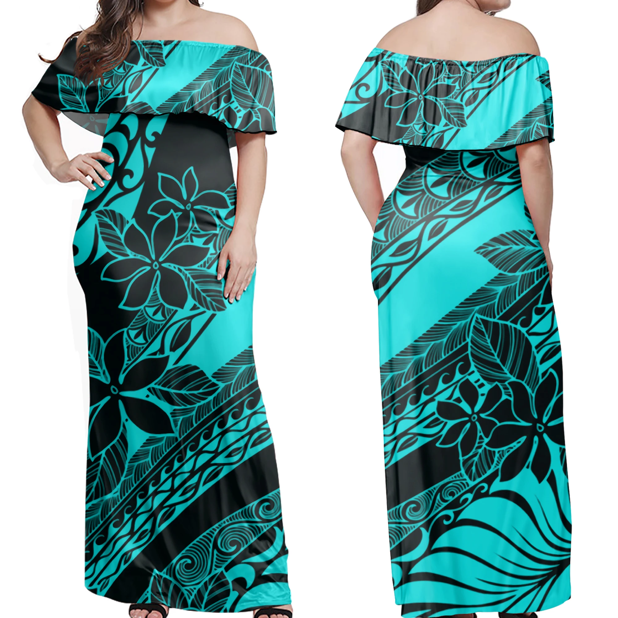 Wholesale Vintage One Shoulder Dresses Polynesian Tribal Hawaii Floral Printed Customized Plus Size Sexy Long Party Maxi Dress