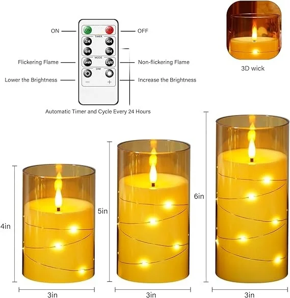 Wholesale Gold Acrylic set of 3 3d real flame battery operated led plastic flameless candle with embedded star string light
