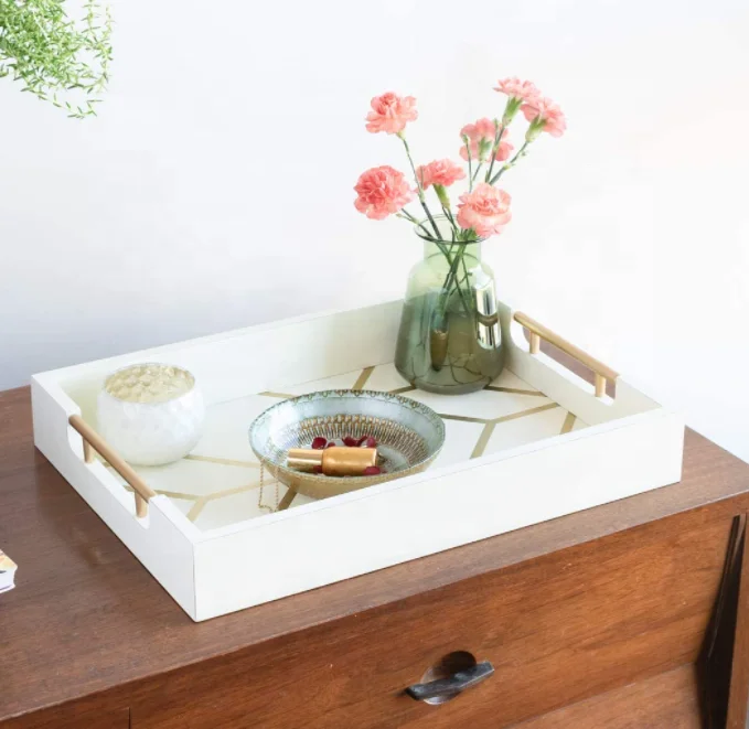 White  Gold Coffee Table Decorative Ottoman Tray for Serving Food wooden  tea tray with handles