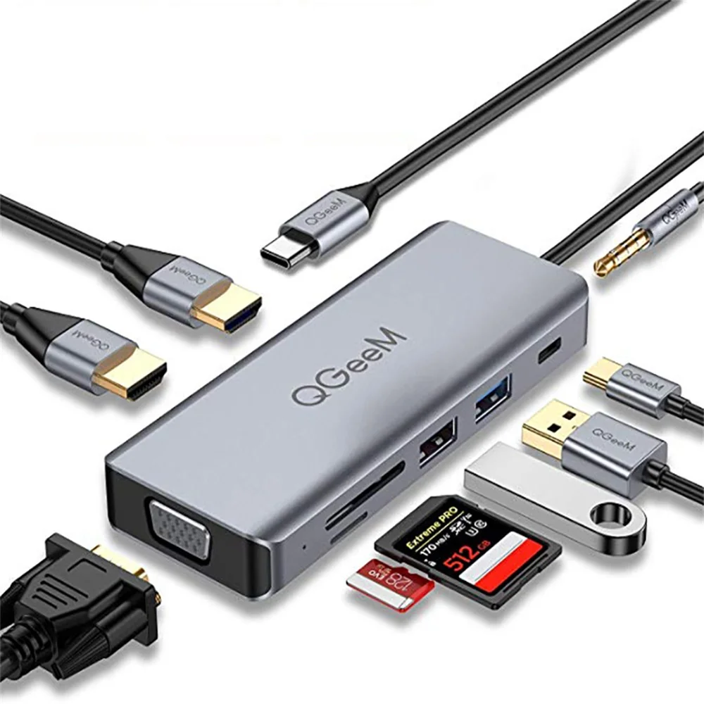 Portable USB Laptop Hub Type C to Dual 4k HDMI Support Triple Display Compatible with MacBook ipad Pro 9 in 1 USB C Hub