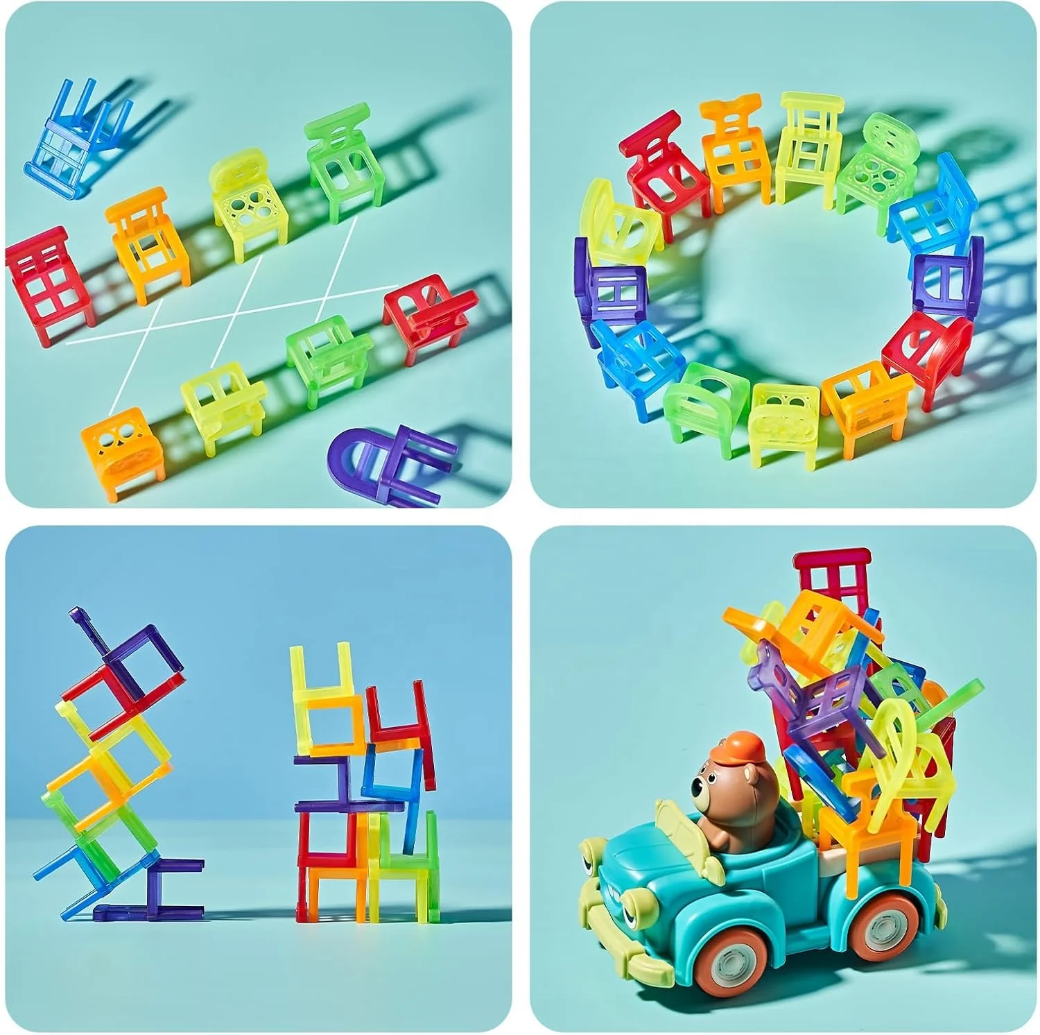 2024 Hot Selling Kids Sensory Toy Set Balance Gaming Stacking Chairs 48 PCS Chairs Balance Game Electric Car