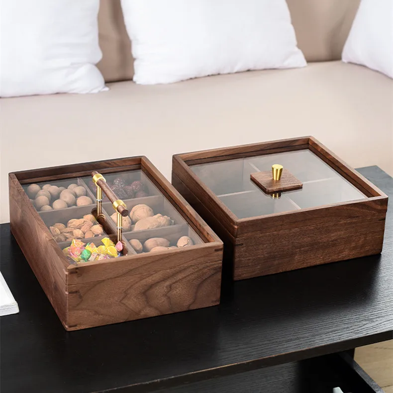 202408 Chinese Style Solid Wood Fruit Candy Box Walnut with Home Compartments Lid Nut Tray Dried Fruit Snack Storage Food Use