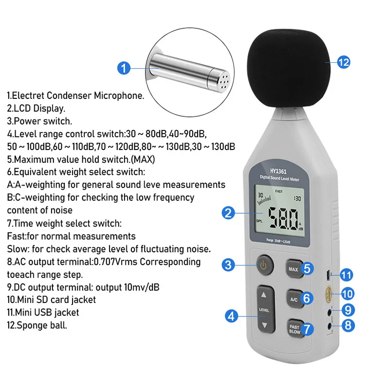 Digital USB Noise Sound Level Meter Decibel 30-130dB A/C FAST/SLOW with Large LCD Screen