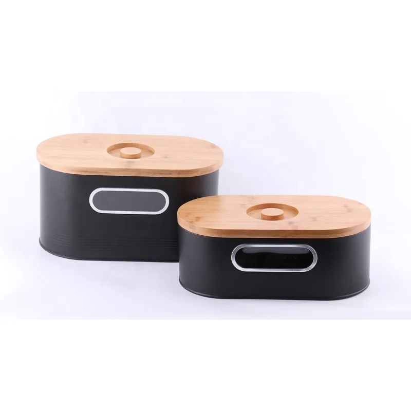 Black 2-in-1 Modern Bread Box with Bamboo lid Wooden Cutting Board Metal Bread Bin Food Canister