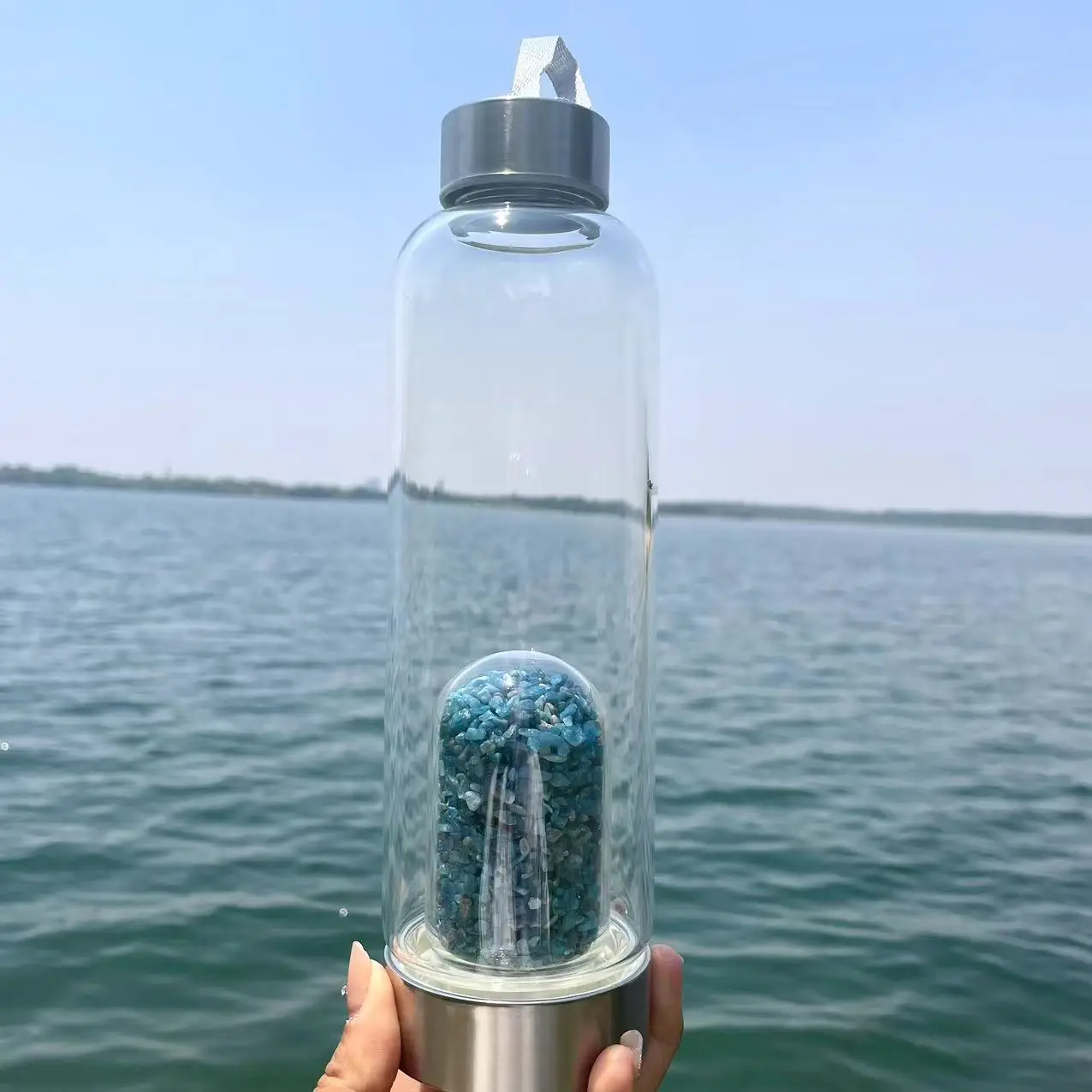 wholesale price healing stone rock blue apatite chips stainless steel meditation quartz spiritual crystal  pod water bottle