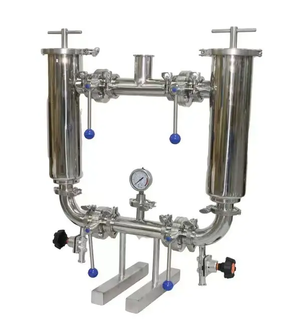 Sanitary 304/316L Stainless Steel Angle Duplex Filter with Pressure Gauge Milk Beverage