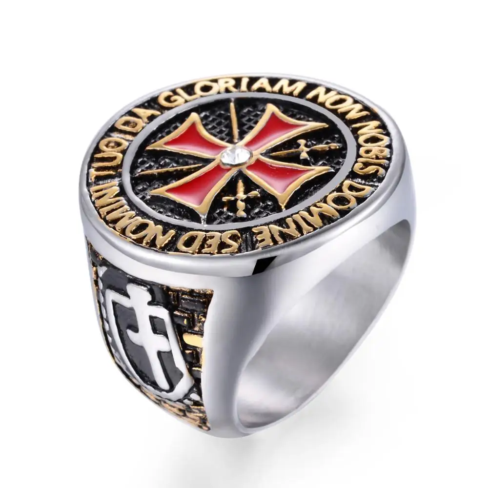 Crusader Titanium Steel Ring Diamond Red Cross Stainless Steel Domineering Templar Knight Ring