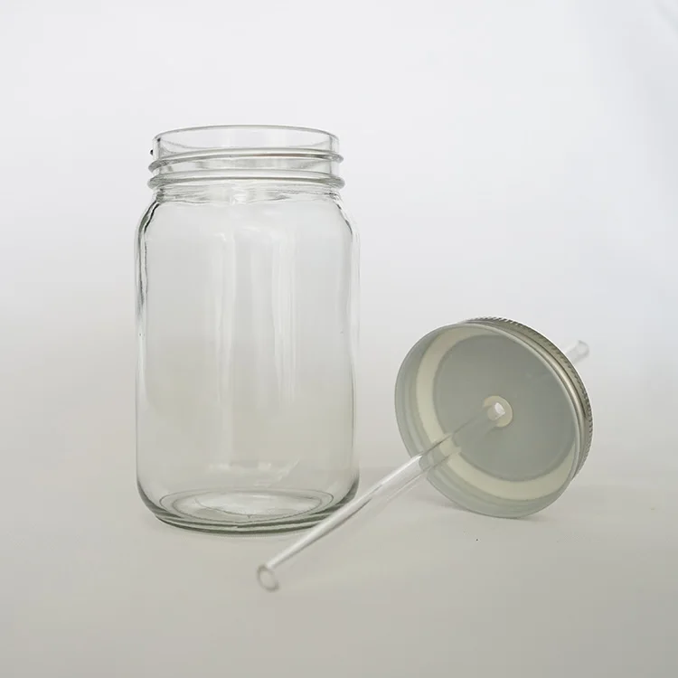 Decorative printed logo glass mason jar with straw lid custom