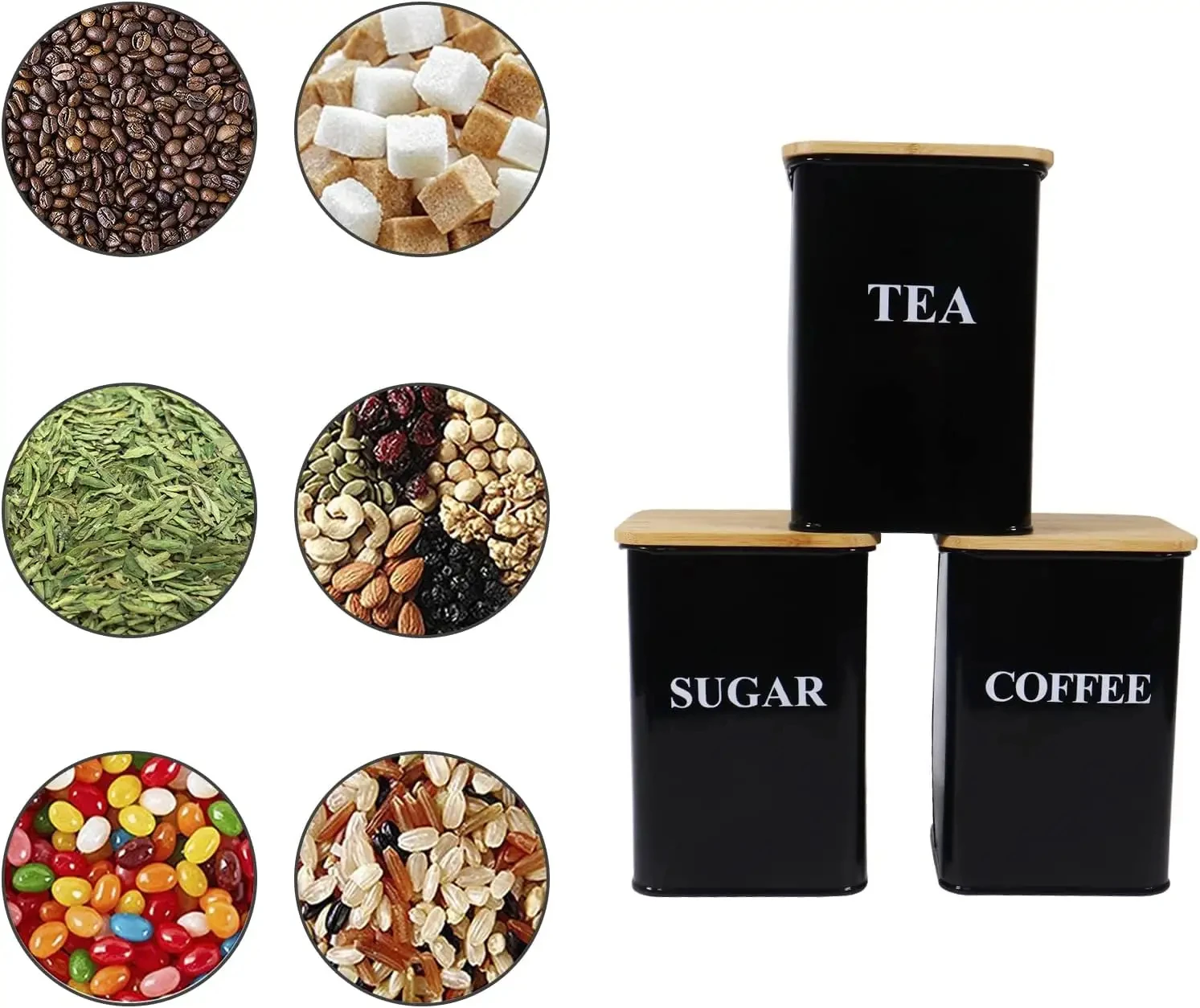 Tea Coffee Sugar Canisters Set With Tray Metal Storage Box For Coffee Kitchen Storage Jars with Wooden Lid