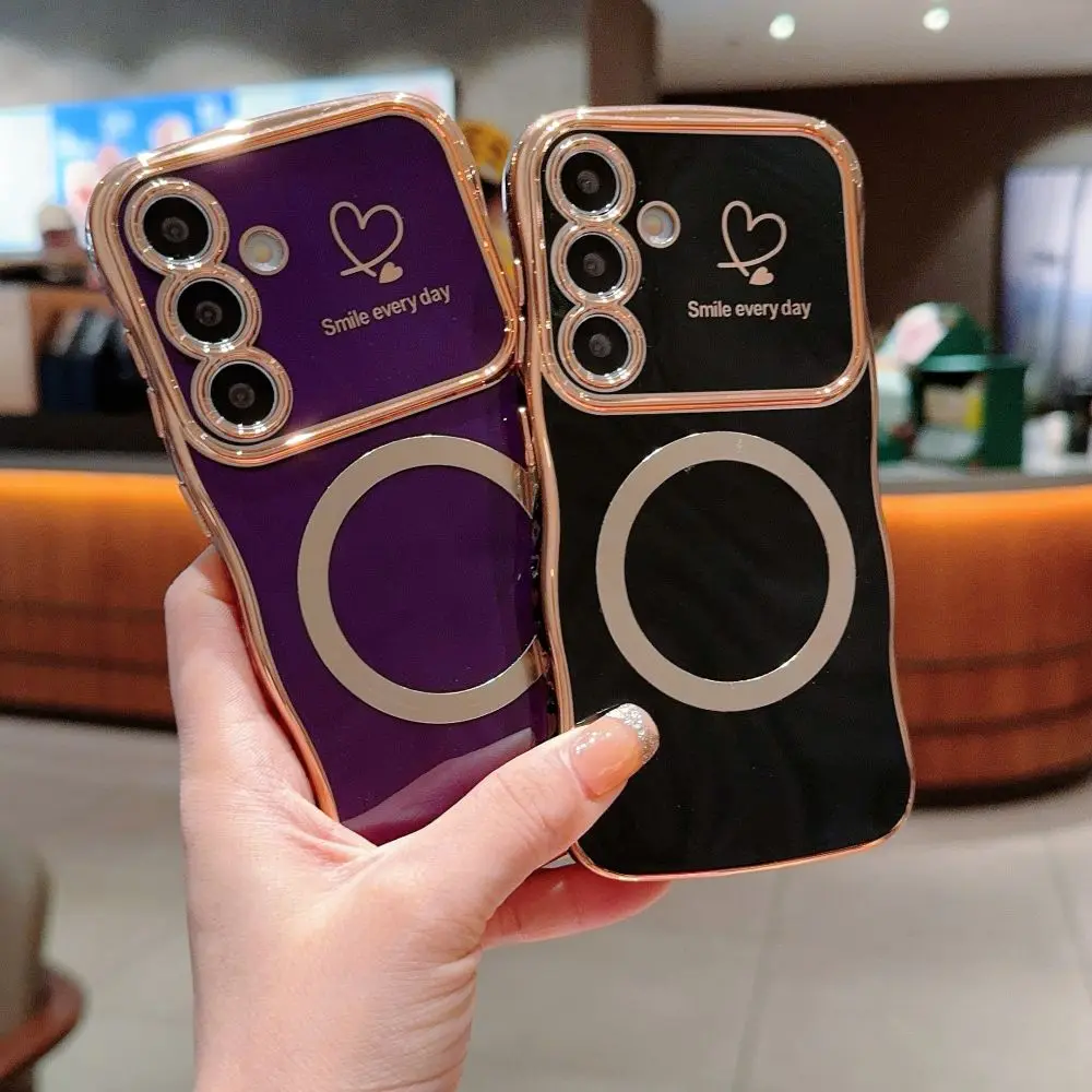 for Samsung S24 Plus Case Magnetic for Women Girls Cute Wave Frame Love Heart Luxury Plating Compatible Shockproof Back Cover