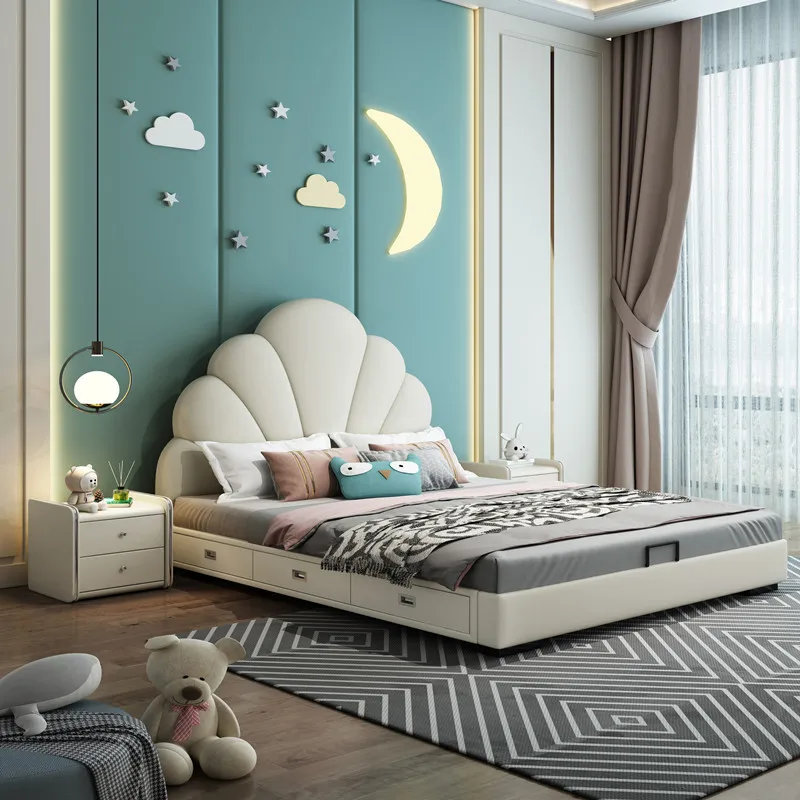Best Selling Comfortable Girls Single Bed Pink Princess Sofa  Wooden Solid Bed Nordic Leather Princess Beds