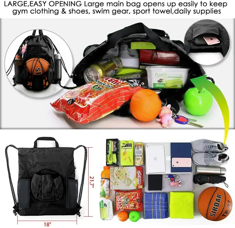 Gym Sport Equipment Bags Drawstring Basketball Backpack Bag with Ball Holder & Shoe Compartment for Football Baseball