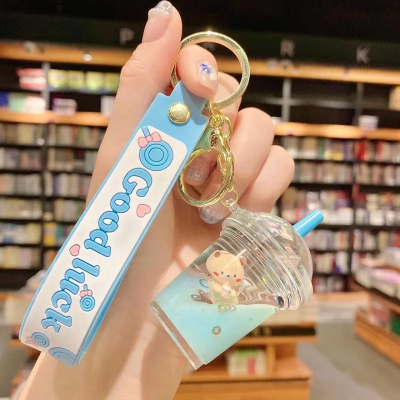 New Arrival Pearl Milk Tea Cup Keychain Teddy Bear Boba Liquid  Keychain Floating Boba Keychain