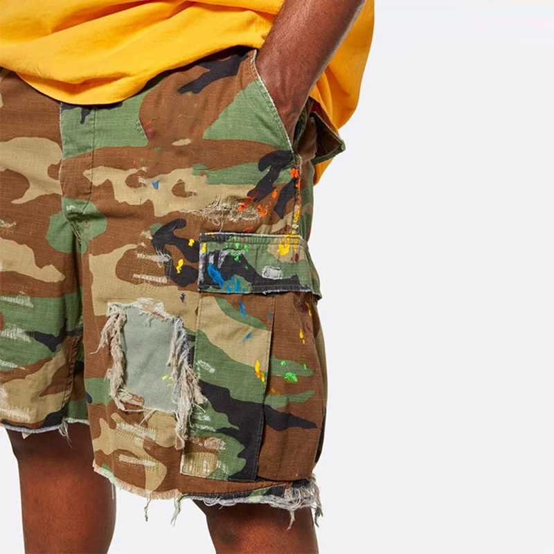 YSJY High street fashion elastic waist jean shorts men manufacturer custom logo distressed shorts denim camo shorts