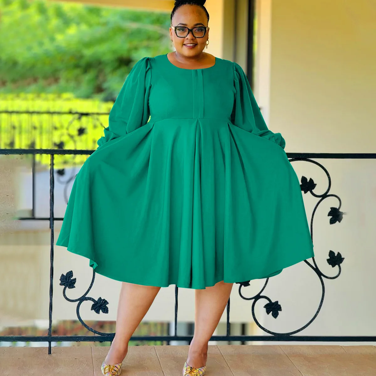 popular plus size women fall winter clothing Fashionable casual solid color big swing  puff sleeve loose dress