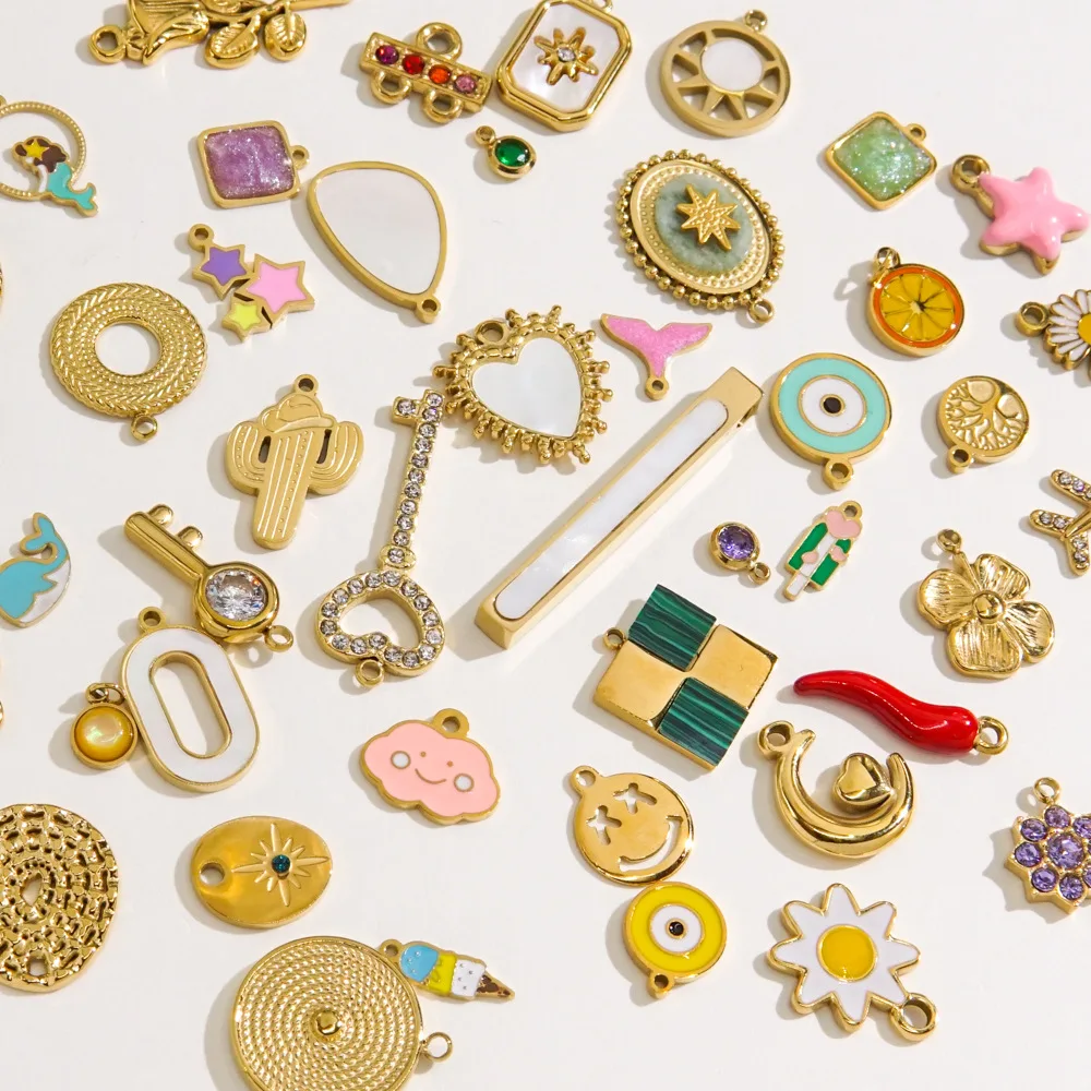 Assorted Stainless Steel Gold Plated Dripping Oil Enamel CZ White Shell Charms Personalized Pendants Bracelet Necklace Accessory