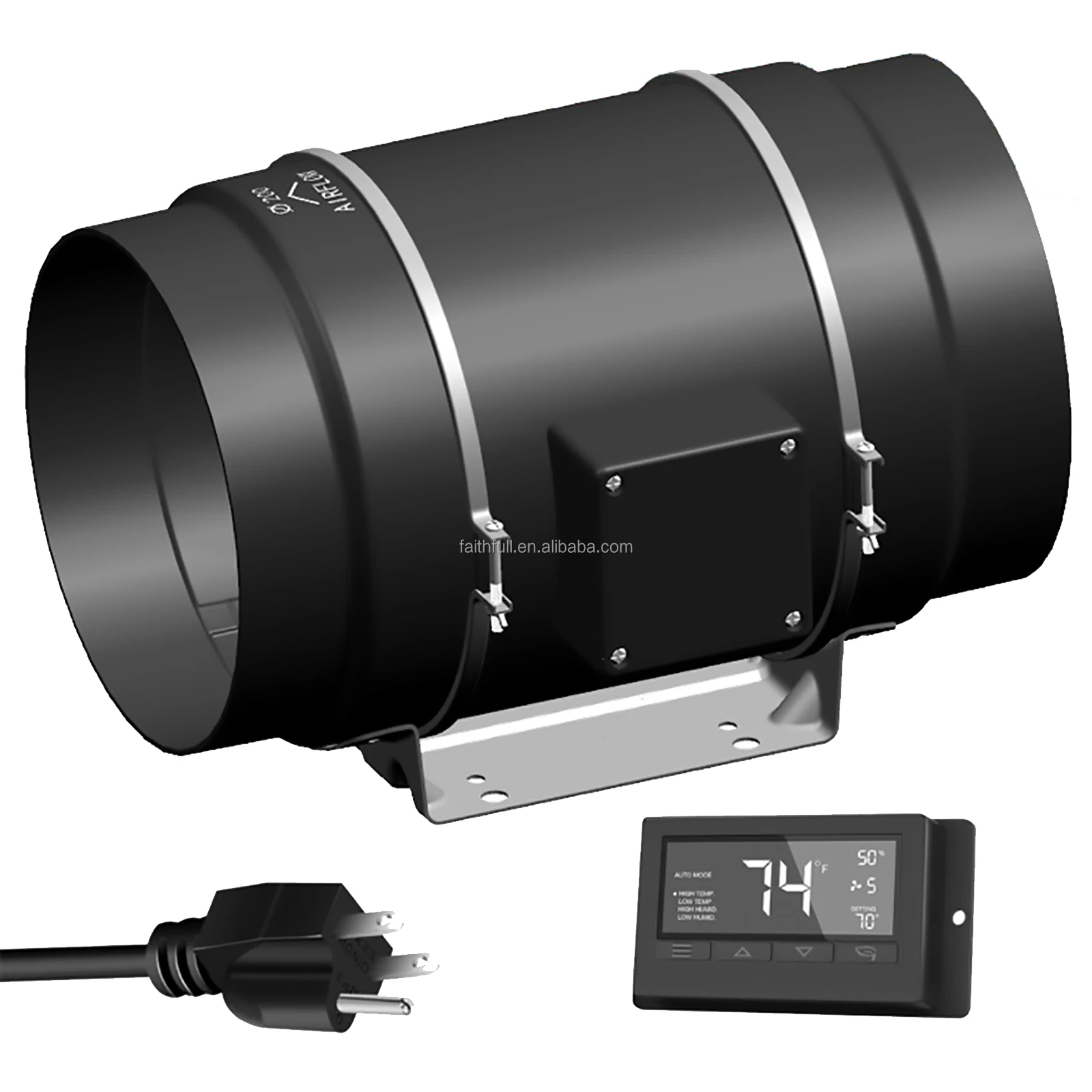 Quiet 8 inch 830 CFM EC In-line Duct Fan with Temperature Humidity Sensor Controller,100~240V low noise smoke exhaust duct fan