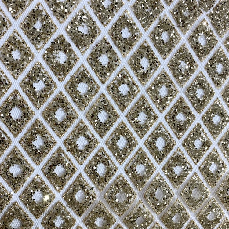 Hot sale gold sequin tulle fabric mesh rhombus combination wedding dress fabric