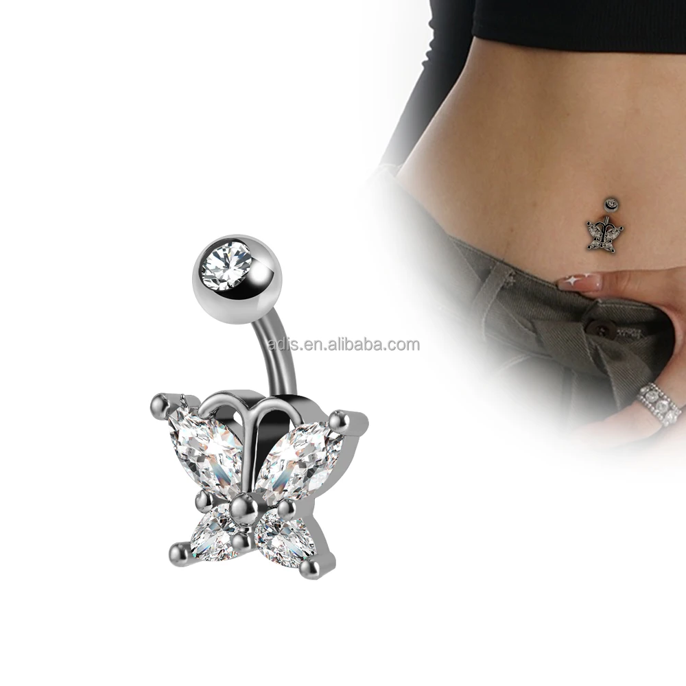 Popular Stainless Steel Jewelry Butterfly Shaped Zircon Pendant Belly Ring Women Piercings Butterfly Navel Stud