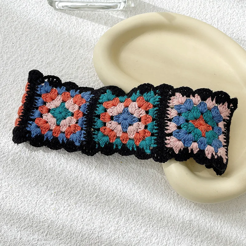 Bohemian Ethnic Style Vintage Fashion Women Girls Stretch  Headband Handmade Crochet Flower Pattern Elastic Sports Yoga Hairband