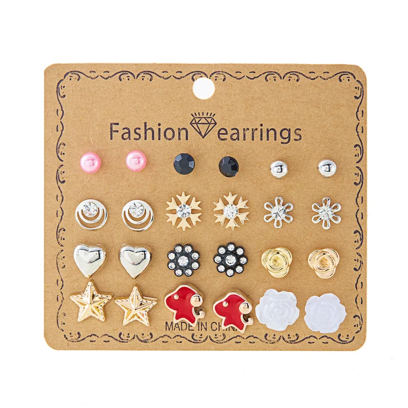 12 pairs of flower imitation pearl with diamond earrings round beads multi-color earrings set fashion temperament earrings