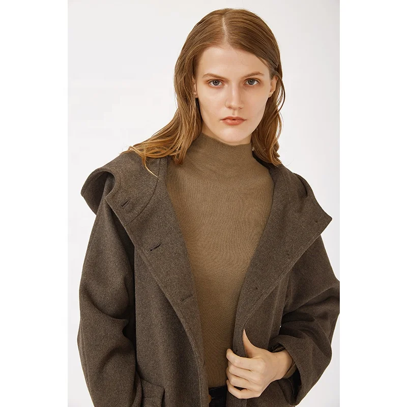 High Quality Loose Brown Single Breasted Hooded Woolen Cloth Short Coat For Women