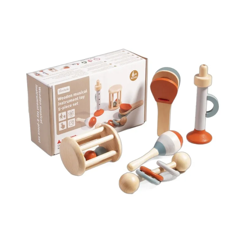 2024 New Learning  Organic Eco Wooden Rattles Baby Toys Educational Newborn Grasping Natural Tether Musical Instrument Shaker