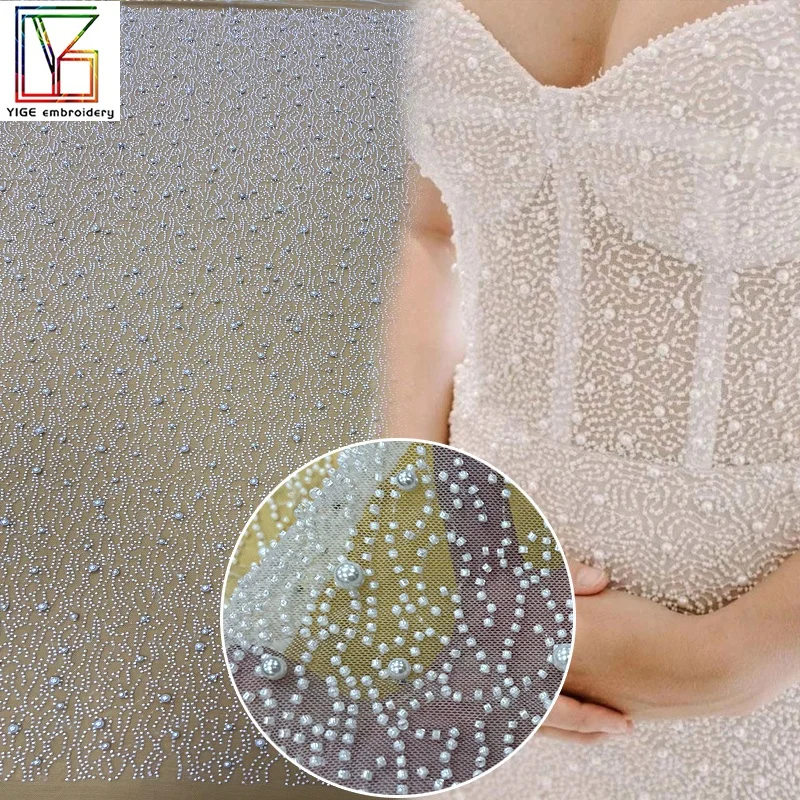 luxury white high quality bridal evening dress 3D lace fabric heavy hand beaded pearl tulle embroidery lace fabric for dresses