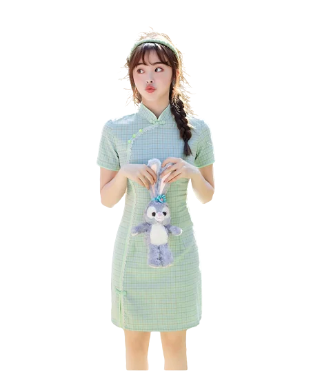 Elastic cotton artistic plaid short daily cheongsam plaid ladies long dress women suit for all years