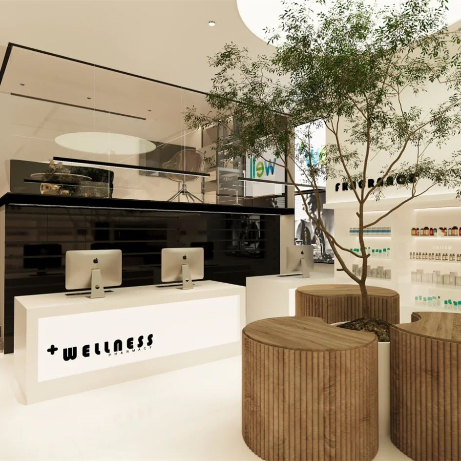 Fancy Tailor Made Brand Drugstore Pharmacy Medical Decoration Photos Unique Design Case Pharmacy Counter Medical Furniture