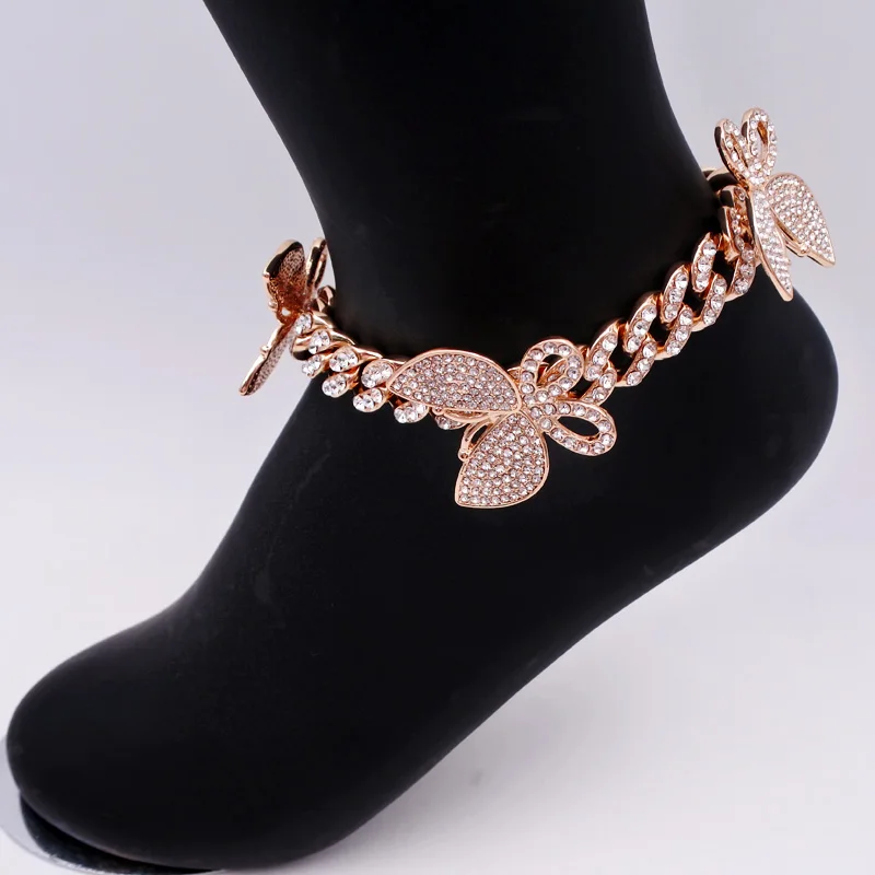  Rose Gold Rhinestone Crystal Beach Anklets for Women Foot Butterfly Ankle Bracelet Female Hip Hop