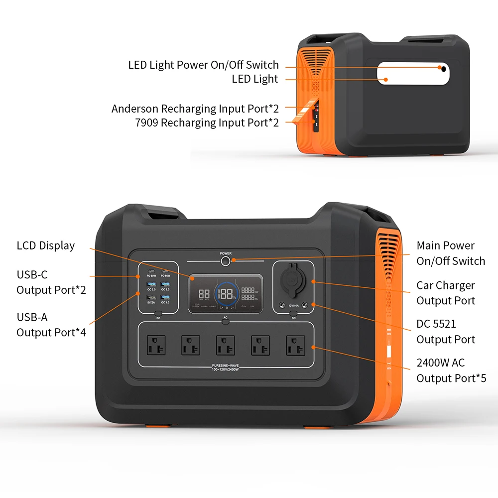 ODM OEM 2400W Tragbare Kraftwerk Outdoor Camping LiFePO4 Battery Portable Power Station 110V Peak Power Solar Generator 5Kw