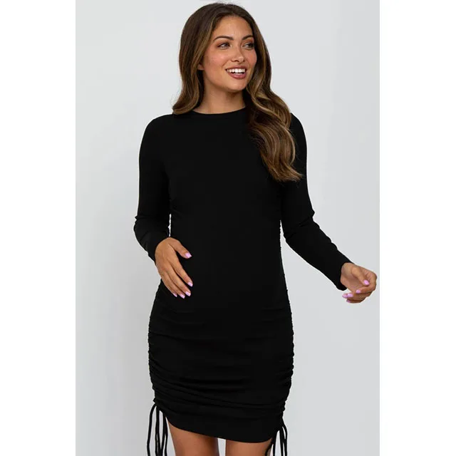 Ribbed Jersey Drawstring Side Maternity Dress Wholesale Maternity Clothes