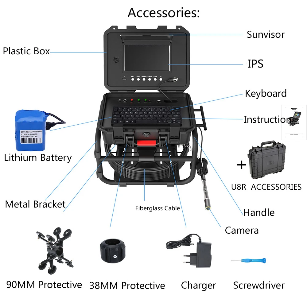 9 Inch IPS 1080P Screen Keyboard input Sewer Pipe Inspection Video Camera 20M-70M 512HZ Locator Auto Self Leveling Meter Counter