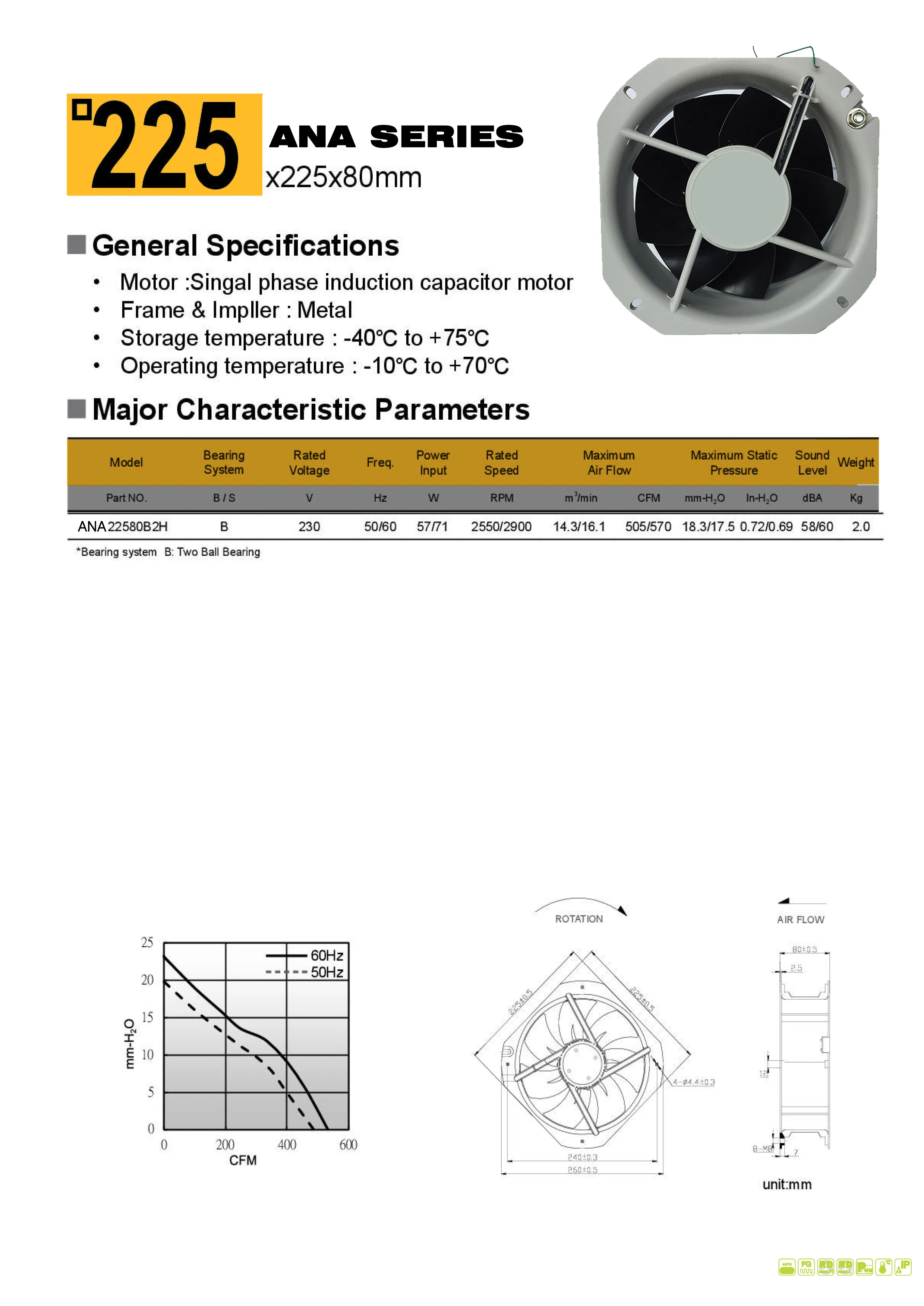 Metal frame and blade 10 inch industrial ventilation axial fan 225x225 220v
