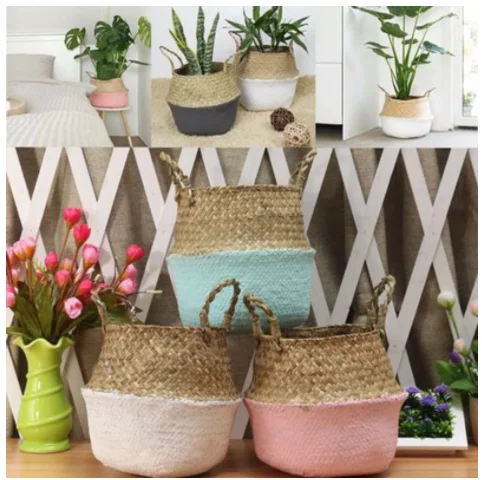 Bamboo Storage Baskets Foldable Laundry Straw Patchwork Wicker Rattan Seagrass Belly Garden Flower Pot Planter Handmade Basket