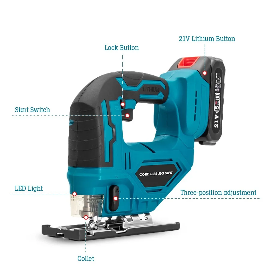 Portable 21v Multi-Function Adjustable Woodworking Curve Saw Cordless Jigsaw Electric Jig Saw for Cutting Wood