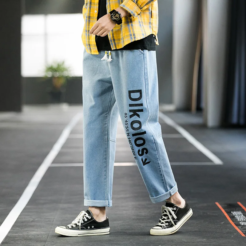 
2020 Custom LOGO stylish denim jeans blue loose cotton straight men pants 