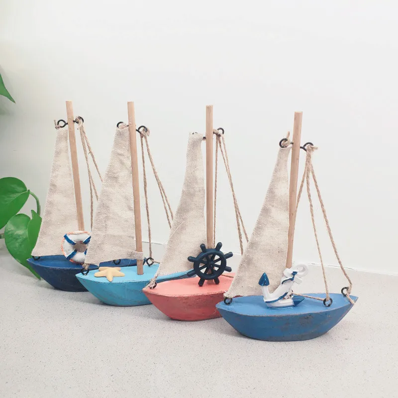Creative home decoration shooting props Vintage colorful small sailboat wooden canvas boat model ornaments