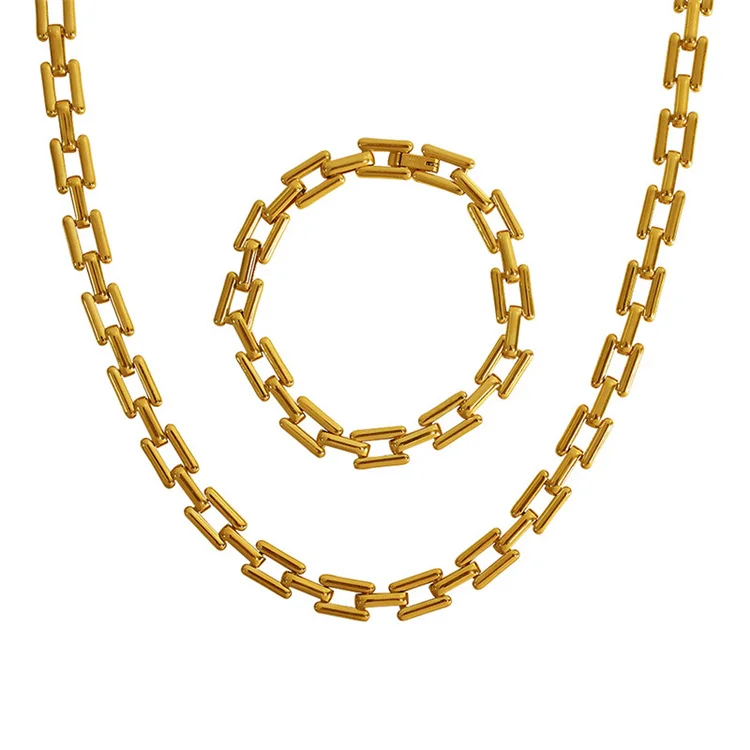 Fashion waterproof link chain jewelry set gold plated stainless steel necklace chain bracelet jewelry set
