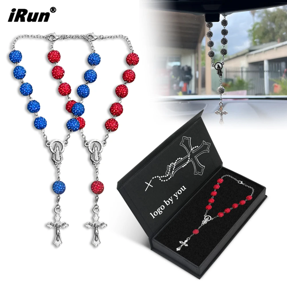 iRun Personalized Handmade Rhinestone Glam Car or Bag Rosary Decoration Sparking Clay Shiny Beads Hangings with Cross Pendant