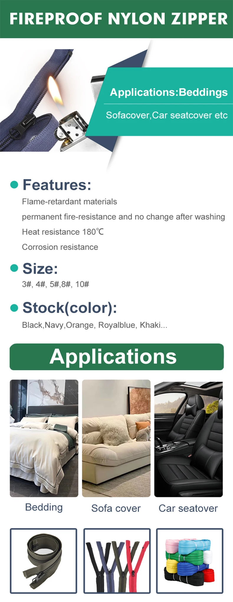 #5 Fireproof CFC flame retardant coil zipper used for beddings sofacover car seat cover