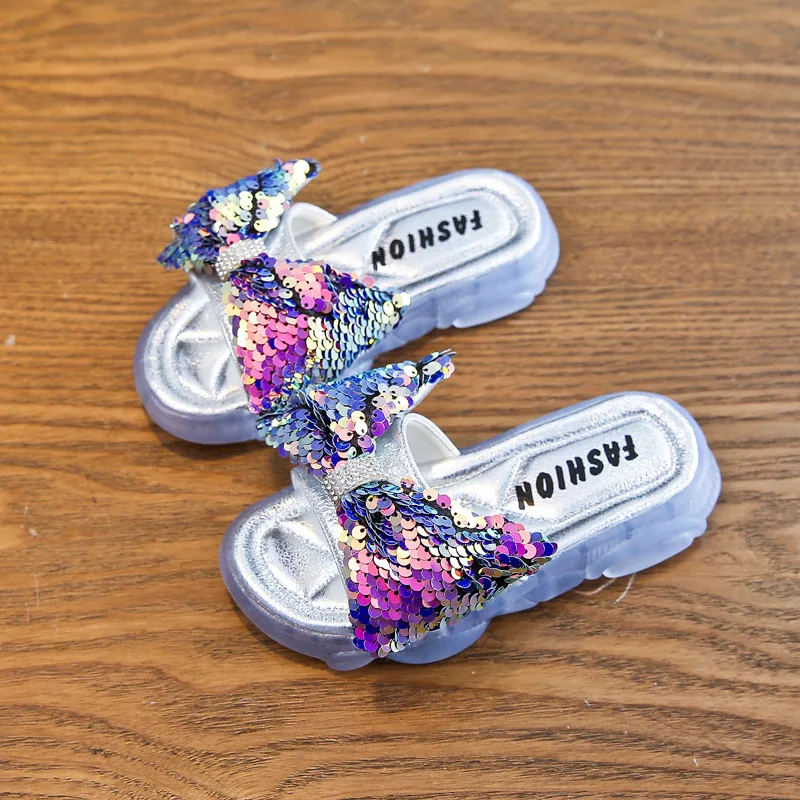 
Fashion Kids Girls Outdoor Glitter Bling Bow Slides Sandals Slippers Summer Soft PVC Jelly Slippers Shoes Manufacturer 
